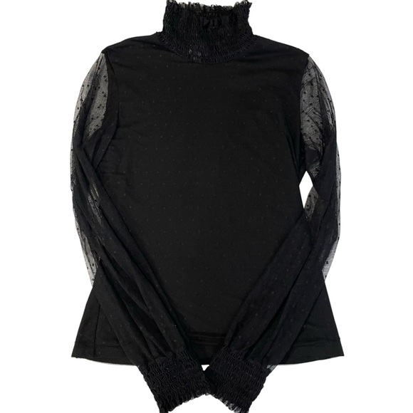 Pink Lily Tops - Pink Lily Black Sheer Polka Dot Mesh Sleeve Smocked Mock Neck Top M